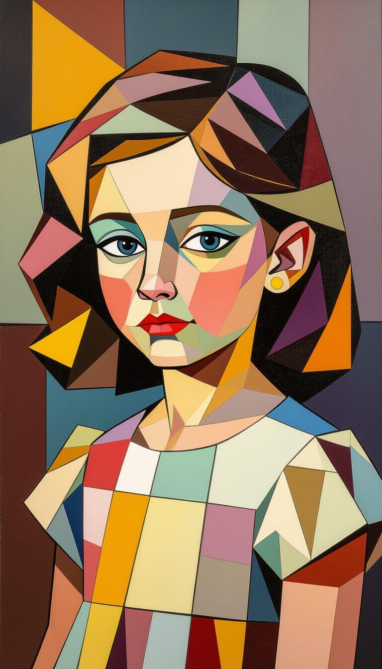 Cubist Portrait of a Young Girl with Geometric Shapes