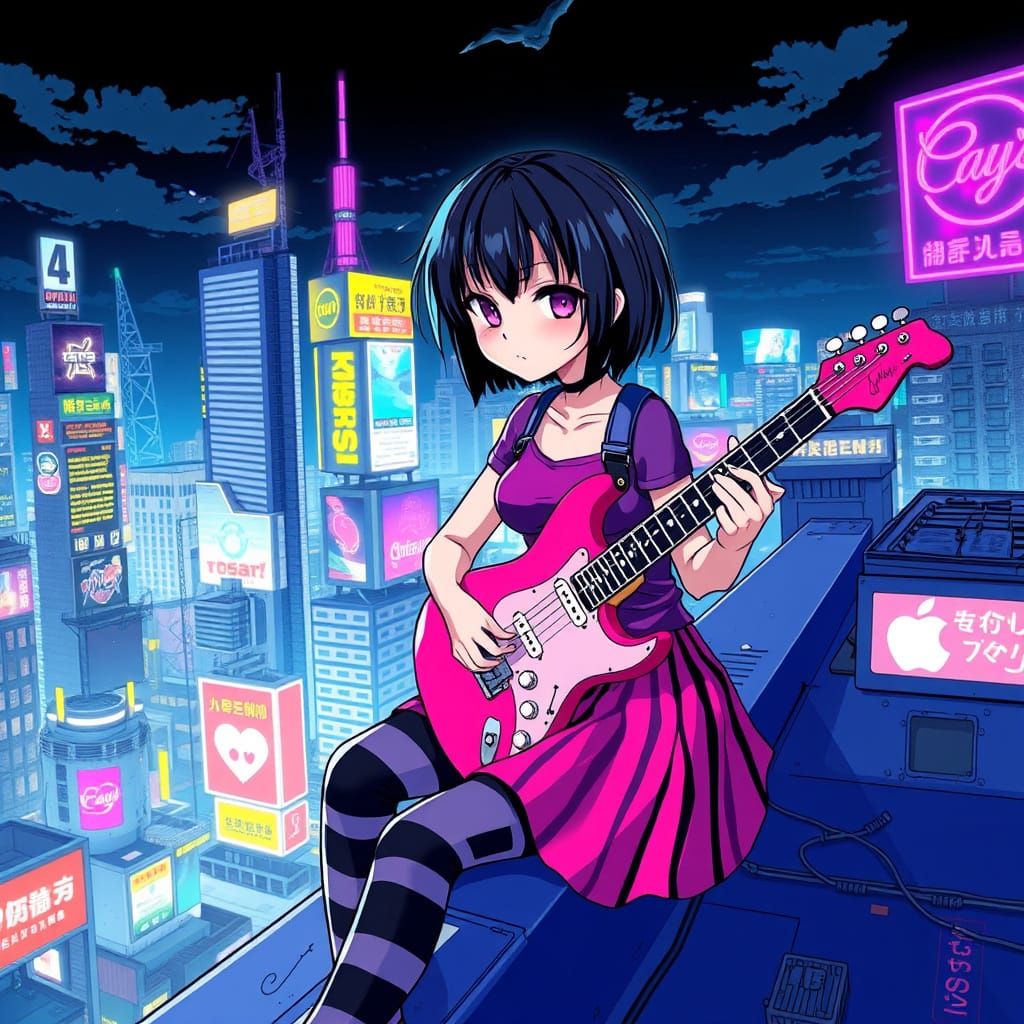 Anime Girl on Rooftop with Electric Guitar