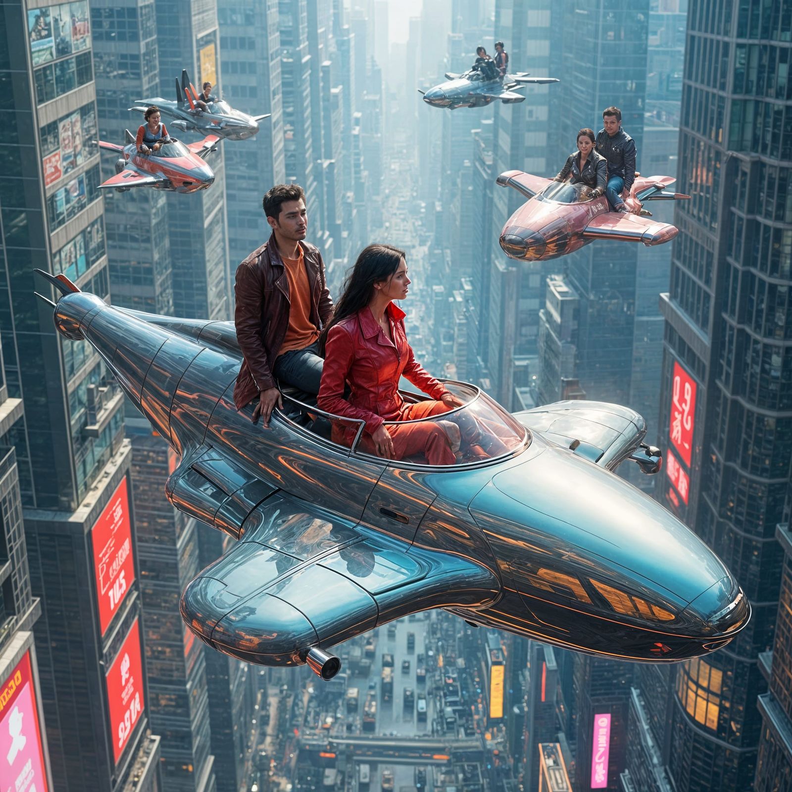 Futuristic Flying Cars Soaring Over Neon City