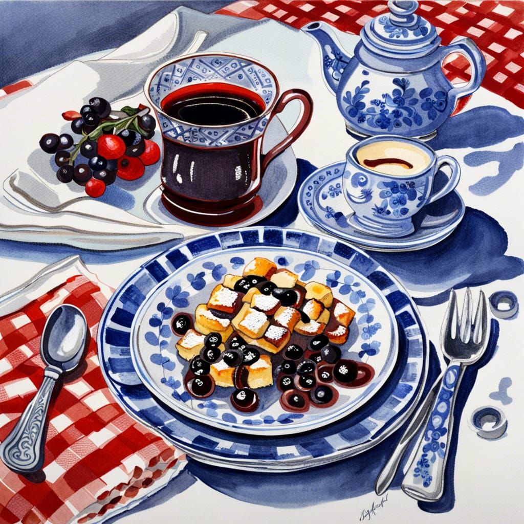 Kaiserschmarren Dessert on Delftware Plate, Gouache Painting
