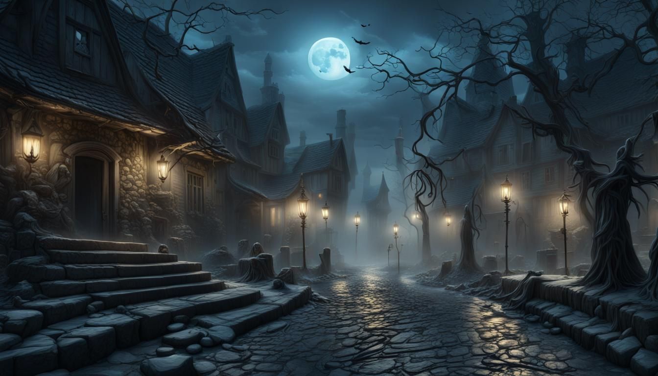 Mysterious Ghosts in Haunted Village Winterscape