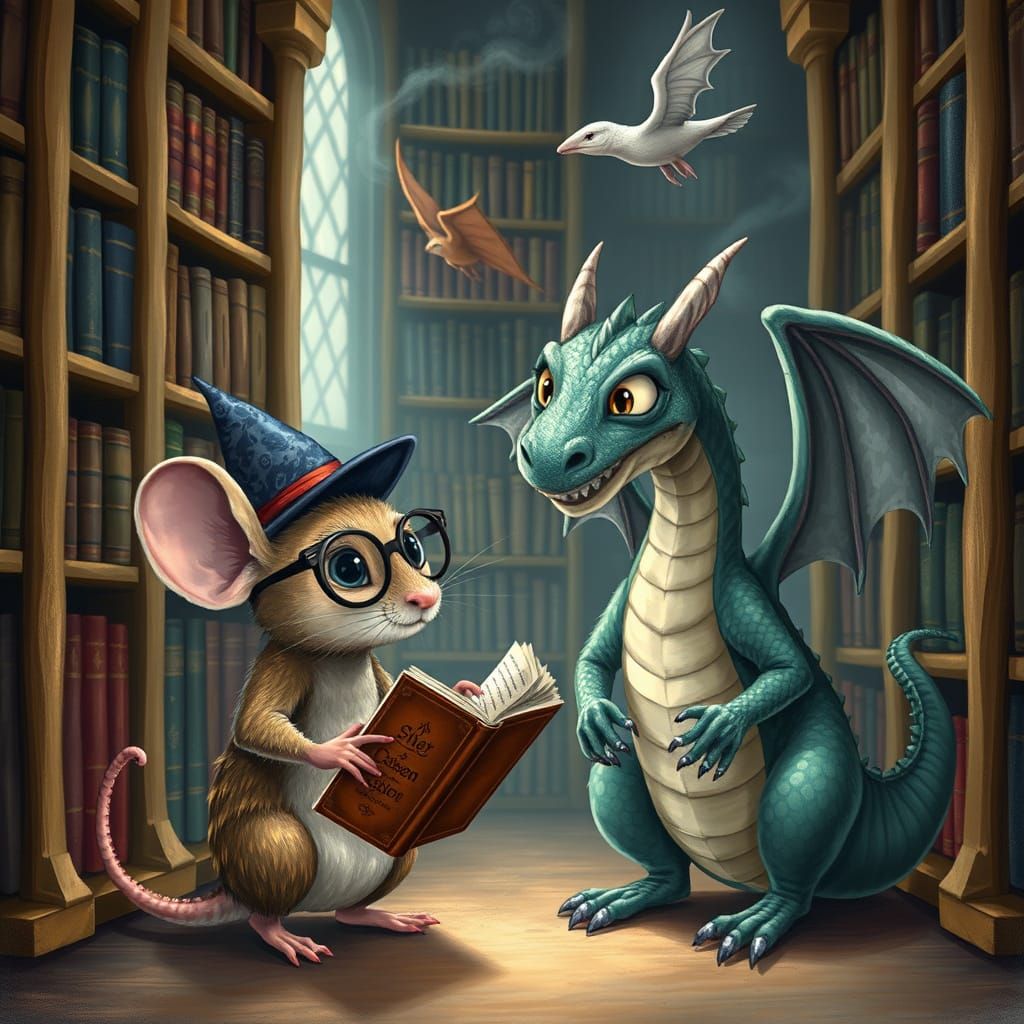 Mouse Magician and Scared Dragon in Library