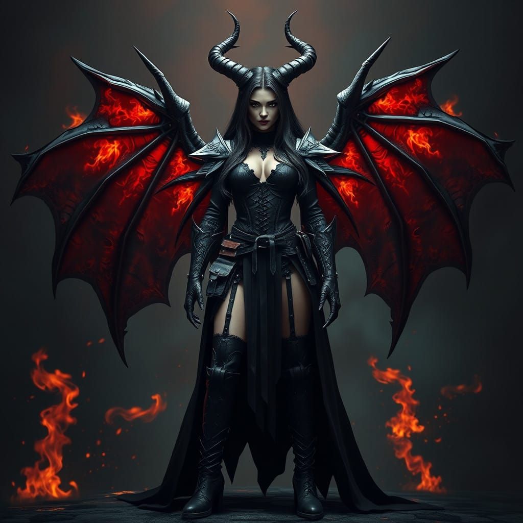 Dark Fantasy Vampire Woman in Leather Armor and Demon Wings