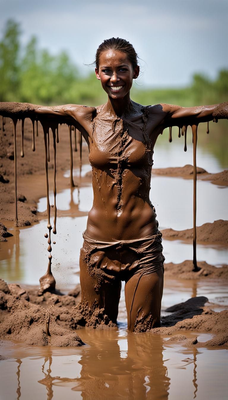 Woman Covered in Mud Showering in a Mud Pit