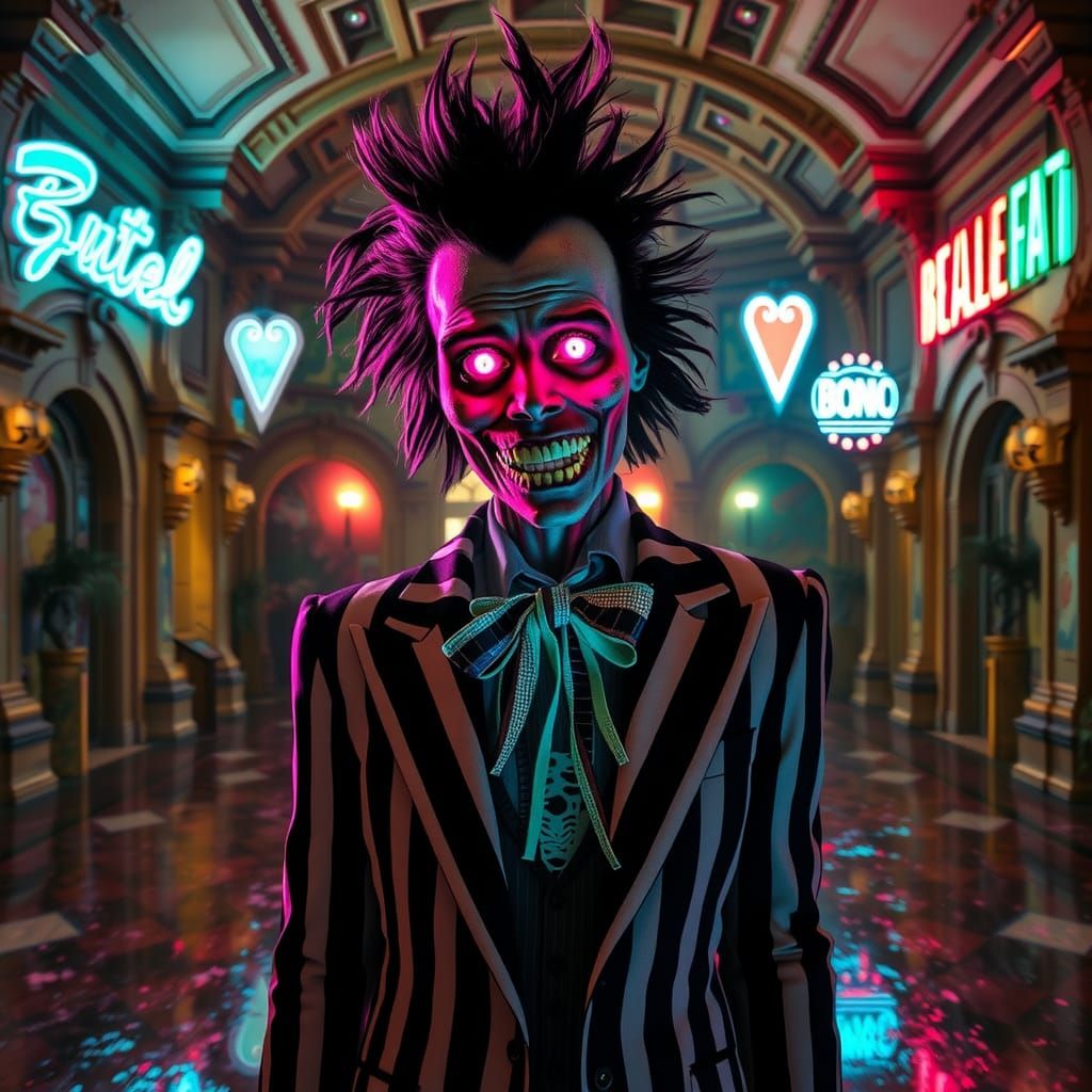 Close-up portrait of Beetlejuice with iconic elements from t...