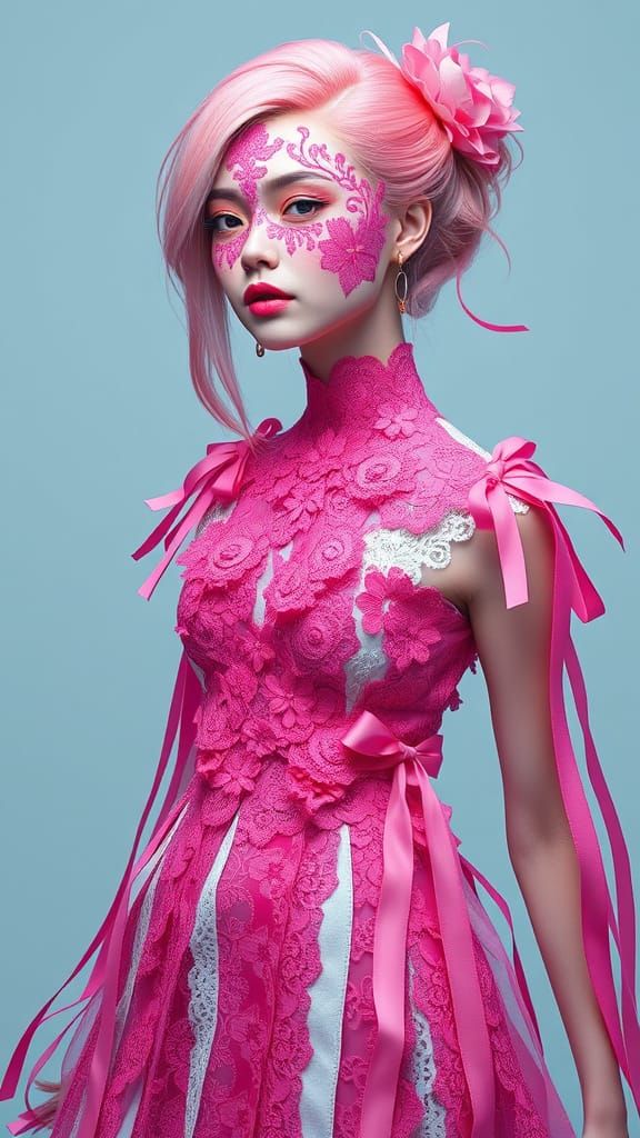 Lace-Adorned Woman with Colorful Hair, in Digital Art Style