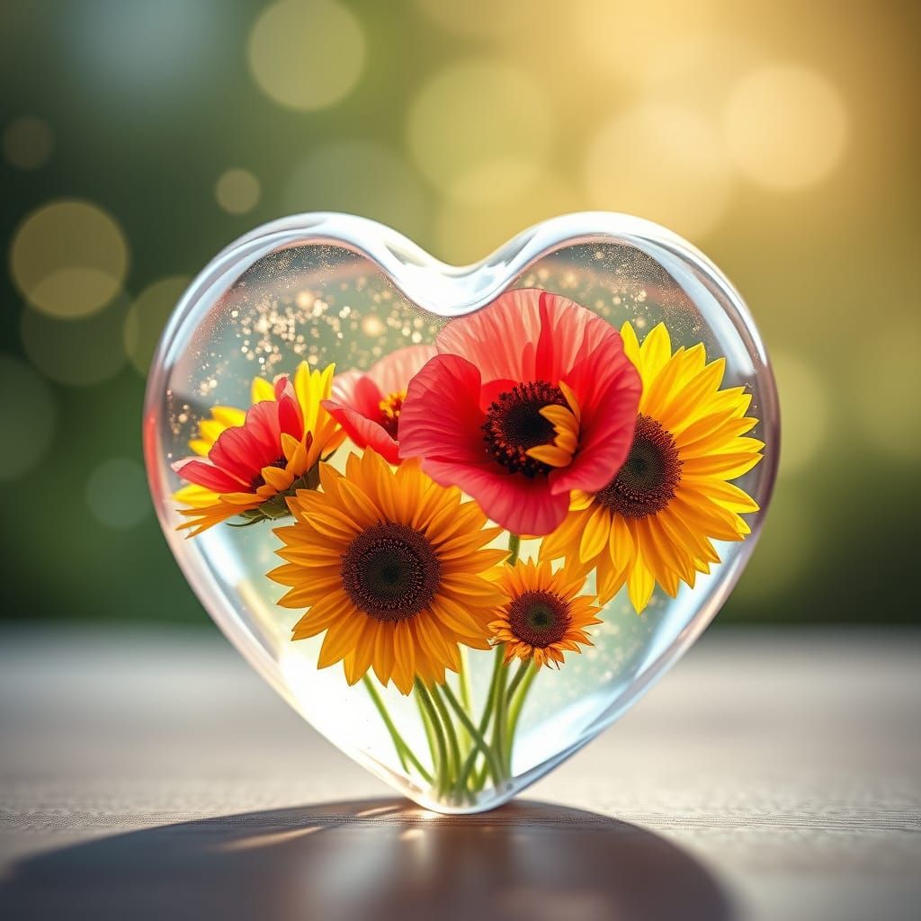 Stardust Sunflowers and Poppies in Glass Heart