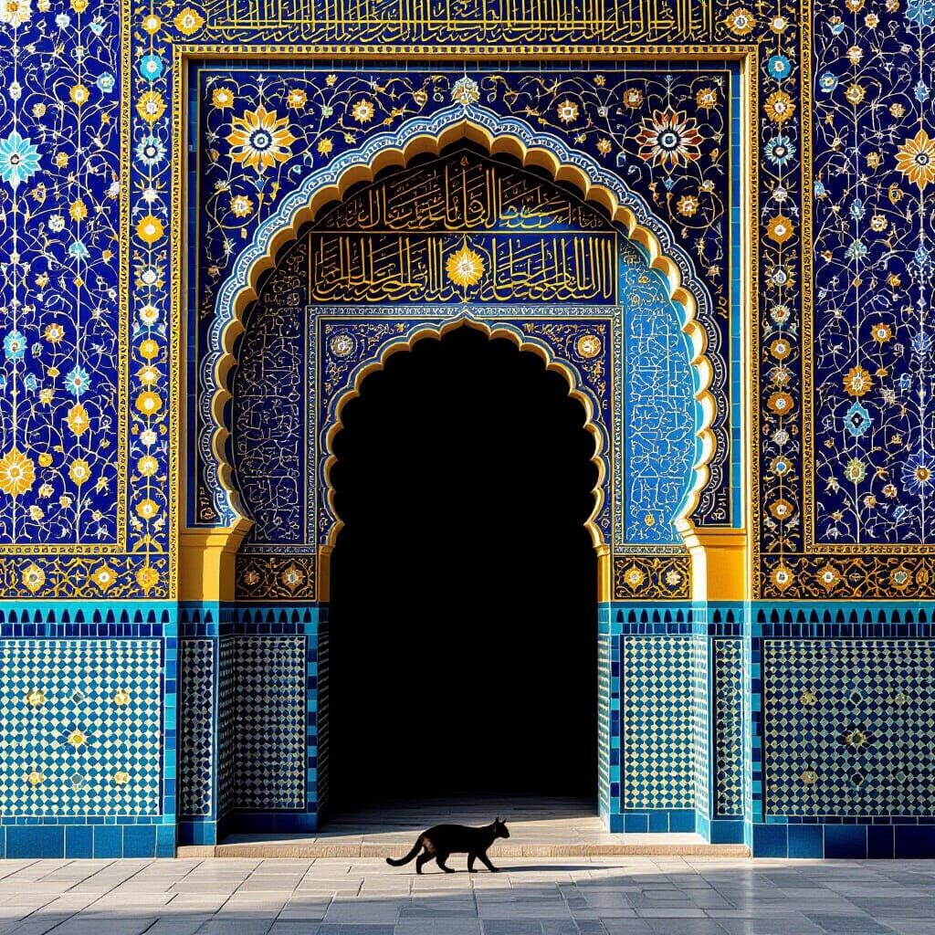 Blue and Gold Arab Archway with Black Cat