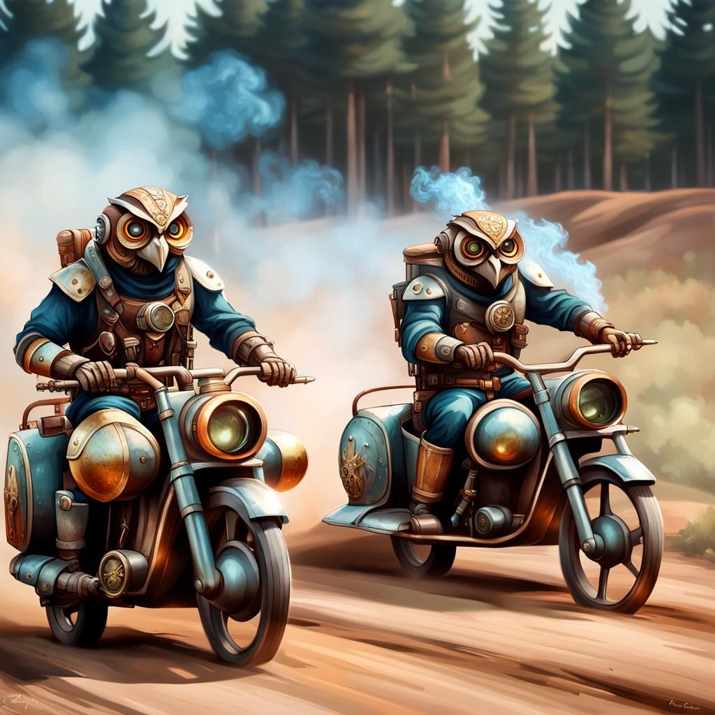 Steampunk Owl Soldier Driving Spacecraft in Golden Hour