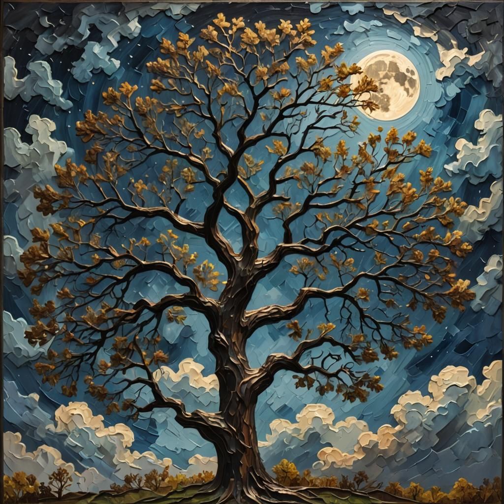 Oak Tree at Night: Impasto Painting with 3D Elements