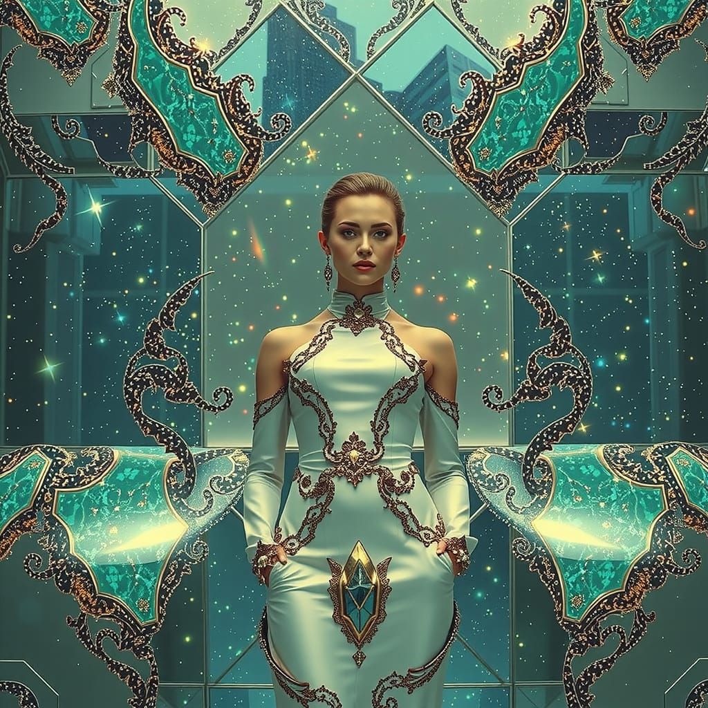 Woman in Starry Night Sky: Hyperrealistic Digital Art