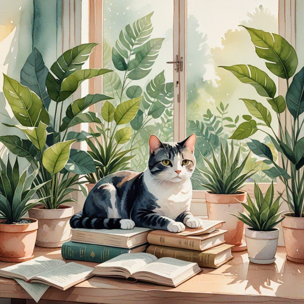 Millennial Cat in Cozy Minimalist Interior as Watercolor