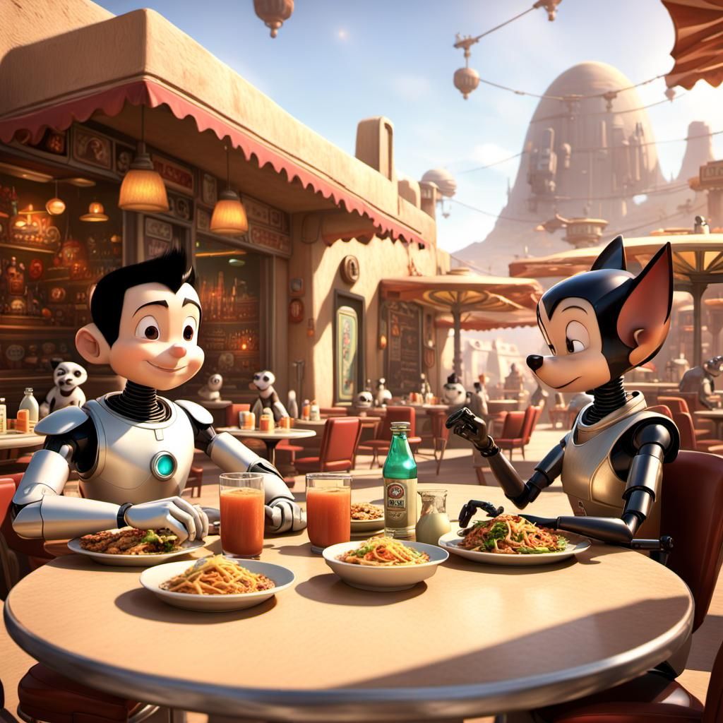 Astro Boy and Robot Dog Share Meal in Cantina