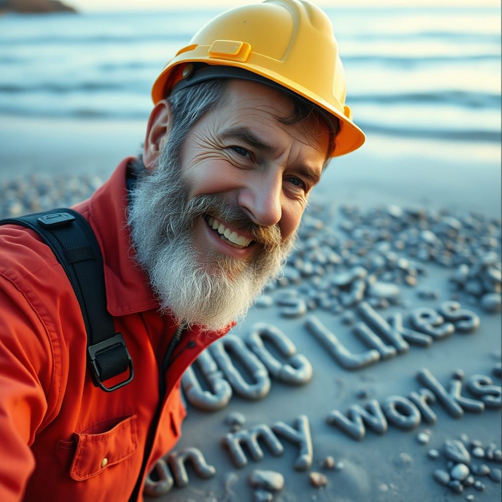 Joyful Geologist Celebrates Work Milestone on Beach