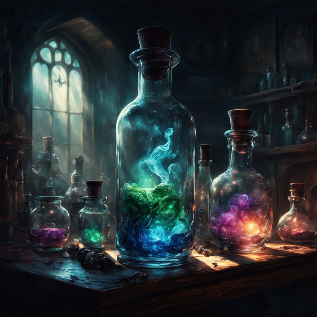 Mystical Wizard Study With Glowing Potions