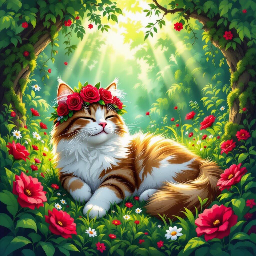 Cartoon Cat Lounging in Flowerbed, Airbrushed Oil Painting