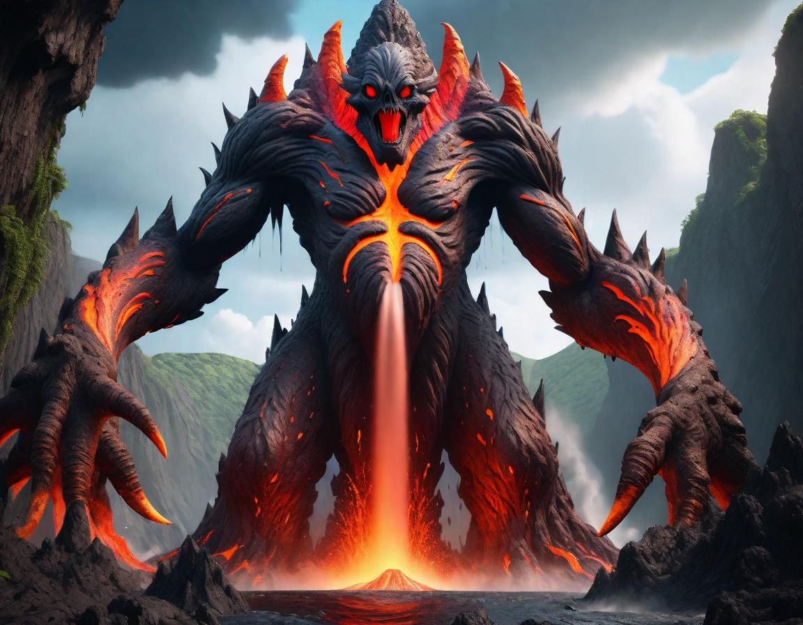 Volcano Waterfall Monster: Detailed Fantasy Concept Art