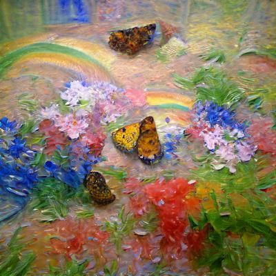 Rainbow Flowers and Butterflies in Impressionistic Style