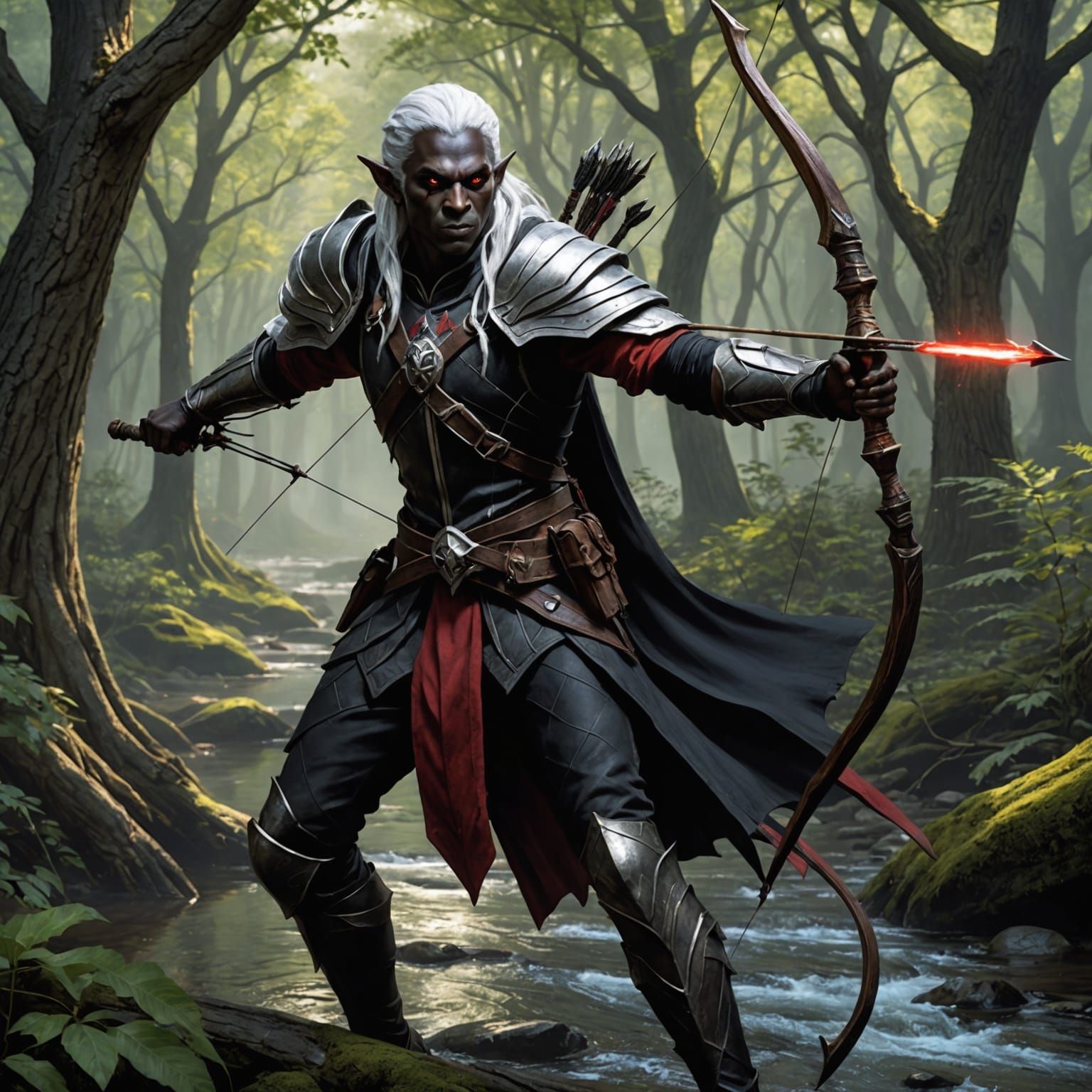 Dark Elf Ranger in a Fantasy Forest, Hyperdetailed Art