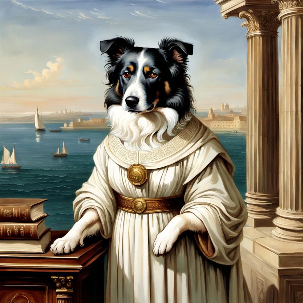 Collie Dog as Hypatia in Ancient Alexandria Library