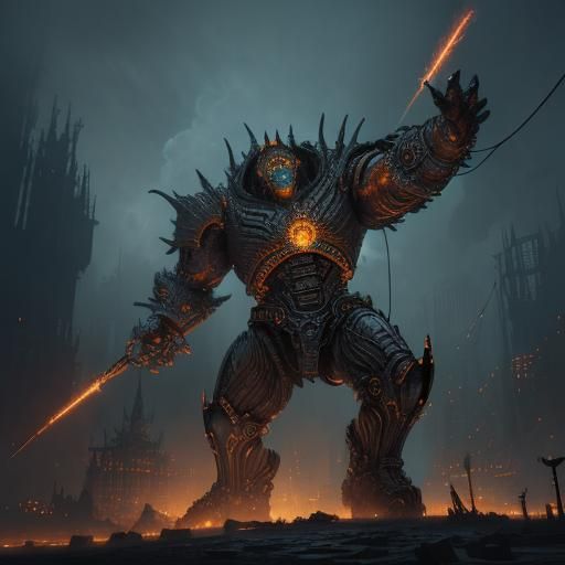 Colossal Metal Creature Crushing All, Surreal Industrial Art