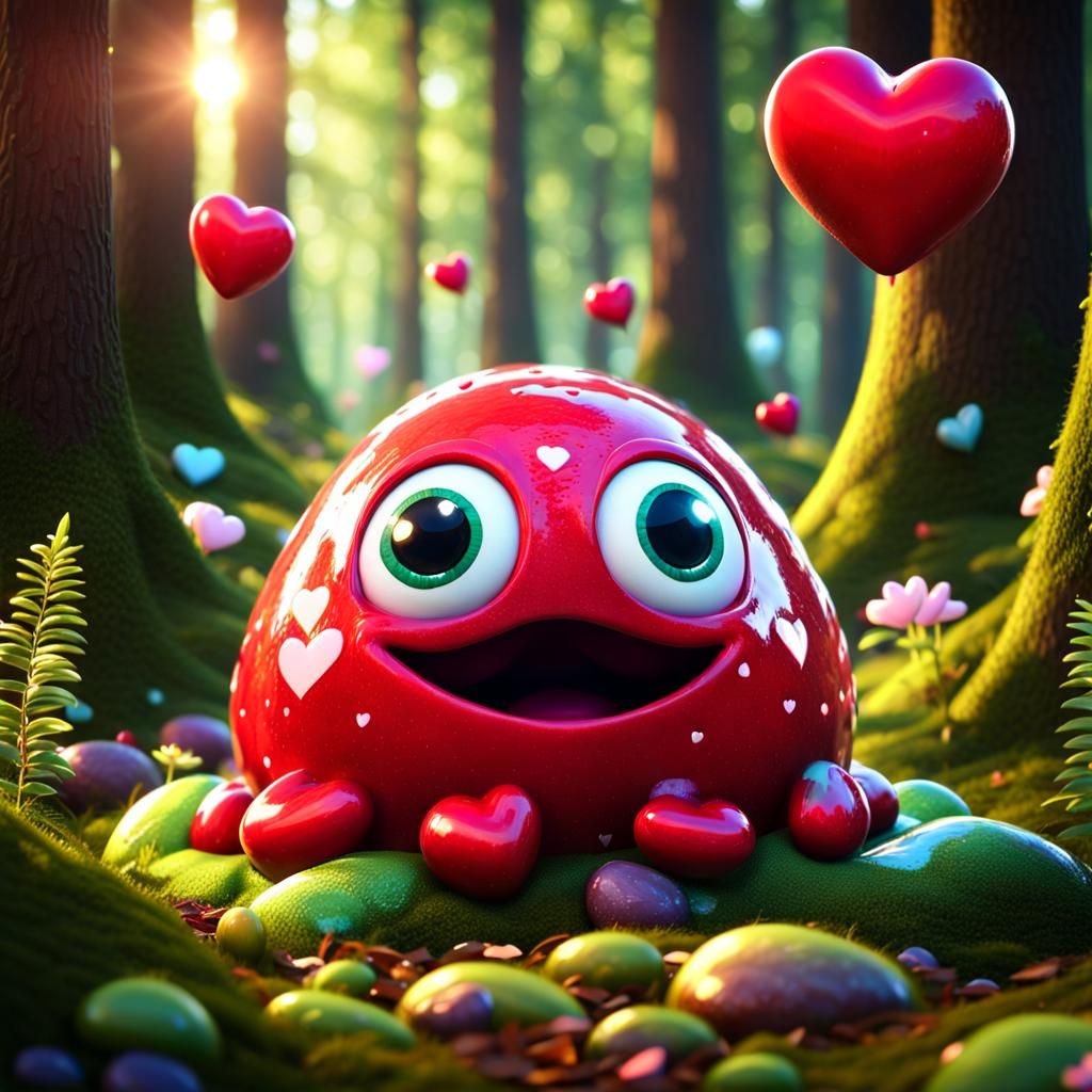 Happy Slime Blob in Magical Forest, 3D Render