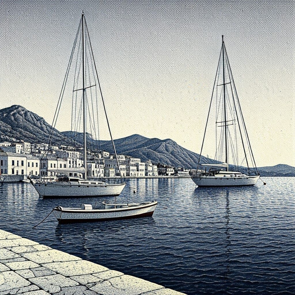 Greek Harbour Scene in Intricate Ink Stippling