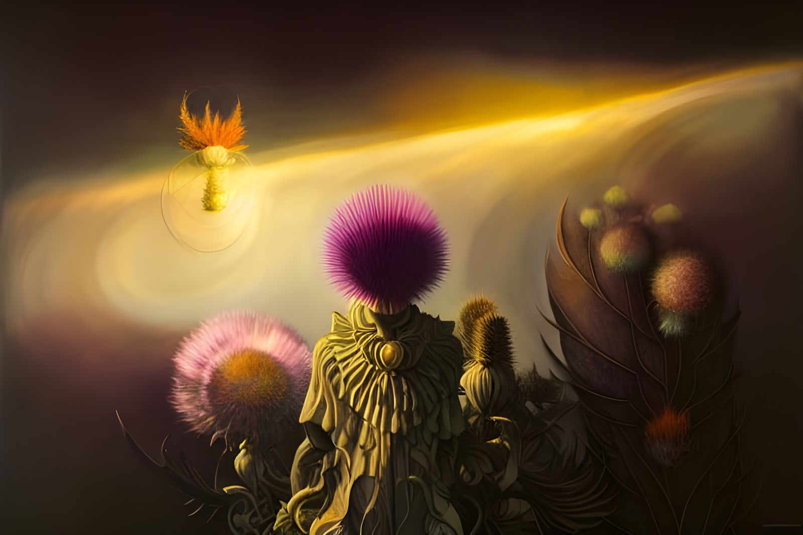 Surreal Thistle Landscape with God Rays in 3D