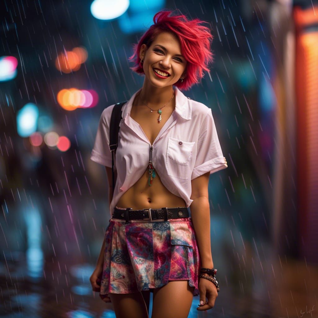 Colombian Woman in Rainy Neon Night, Caravaggio Lighting