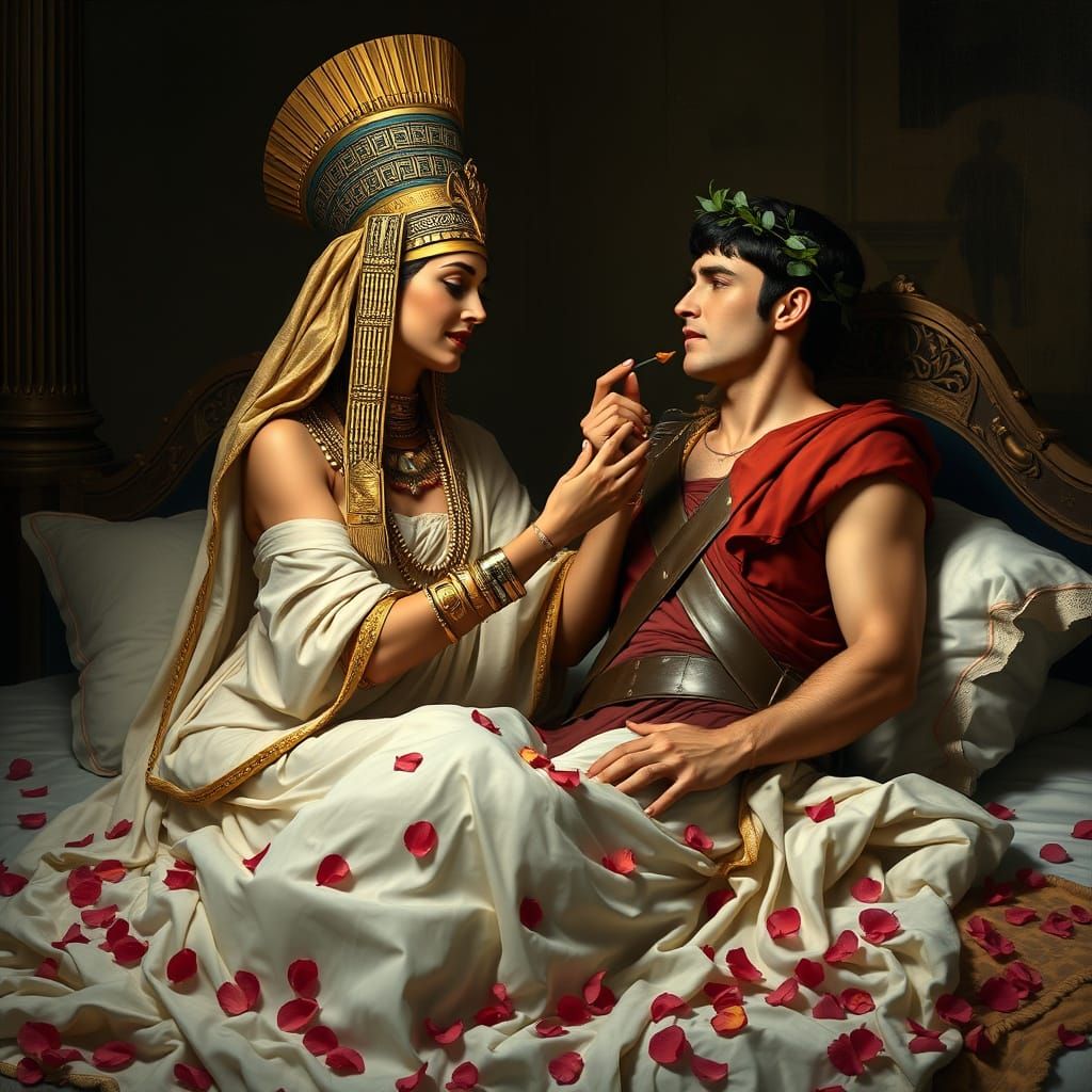 Egyptian Queen Feeds Roman Soldier in Bed with Floral Splend...