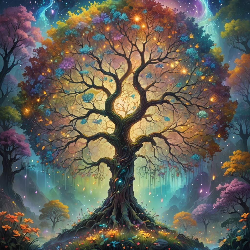 Glowing Tree in Dreamy Landscape, Art Nouveau Style