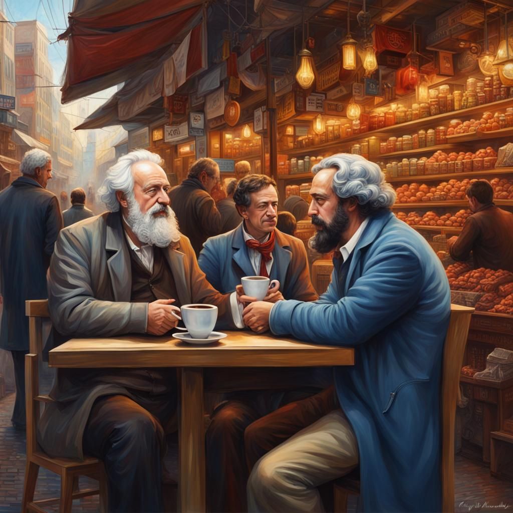 Marx, Smith, and Zuckerberg in Hyperrealistic Market Scene