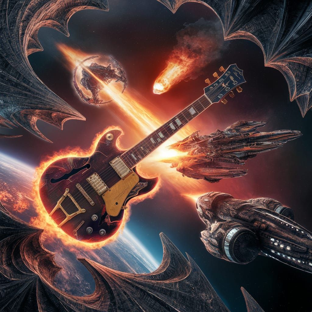 Guitar Starship Battle in Hyperrealistic Space Epic