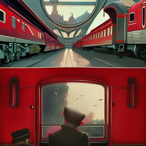 Red Trains in Maximalist Matte Painting Style