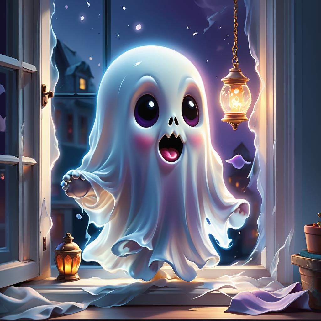 Cute Ghost with Angry Face in Anime Style