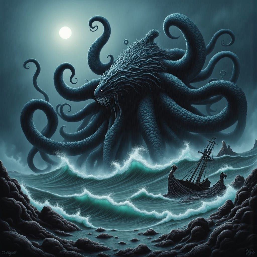 Kraken Attacks Ship in Stormy Seas