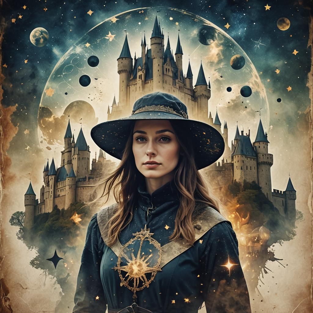 Woman Merged with Medieval Europe in Double Exposure