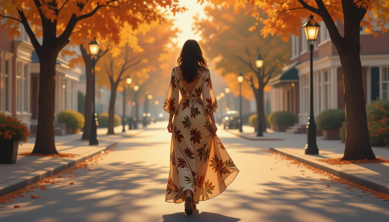 Elegant Woman in Autumn Dusk Street Scene