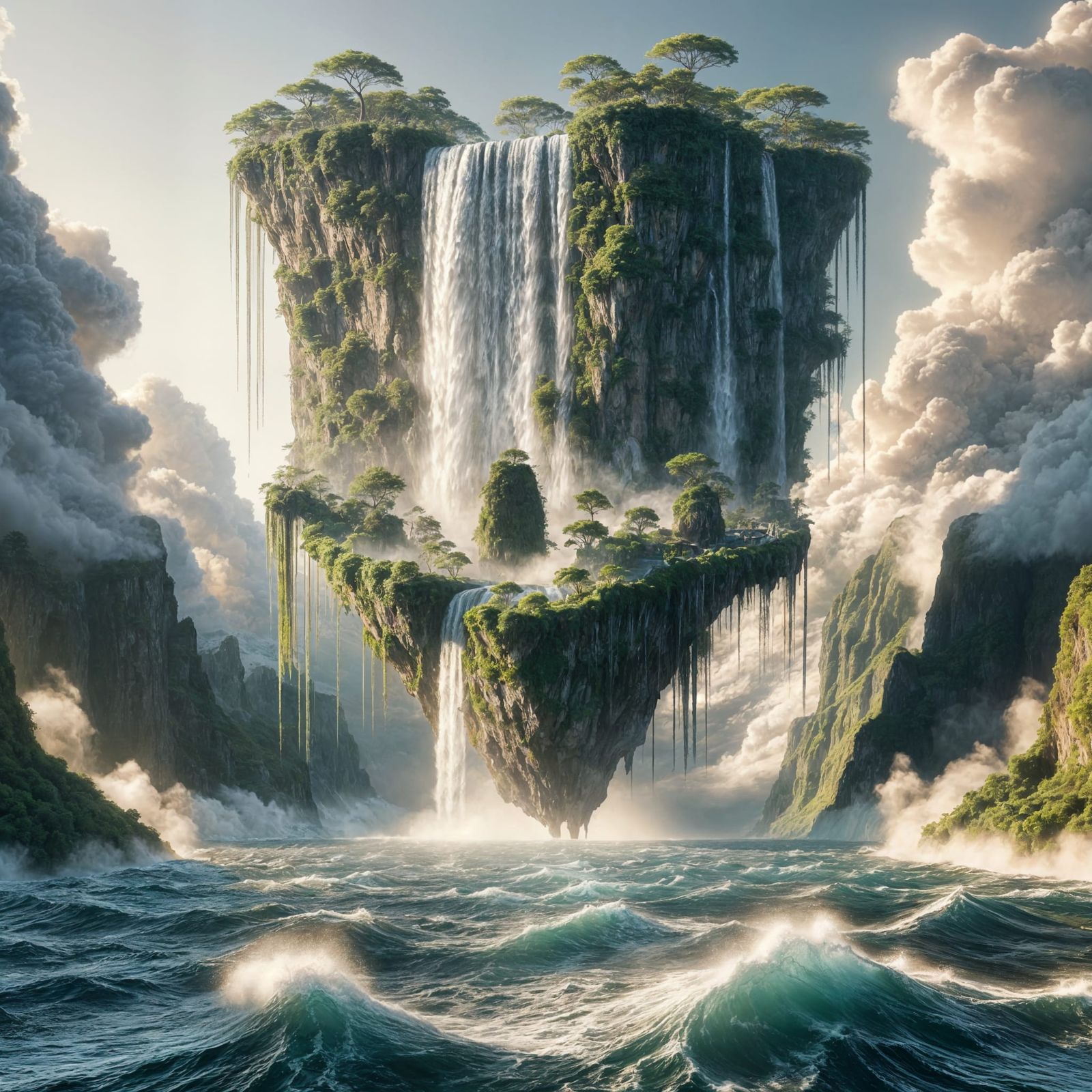 A waterfall cascades from a floating island into the churnin...
