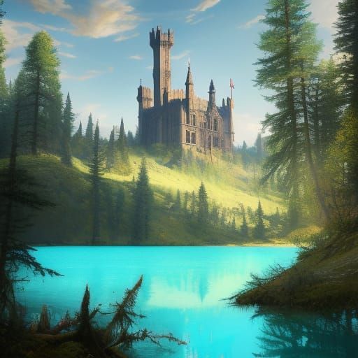 Gothic English Castle Amidst Vibrant Meadow and Pine Forest