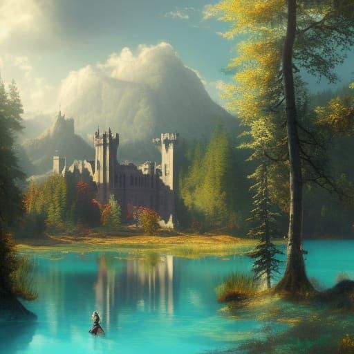 Victorian Castle in Colorful Meadow: Dark Fantasy Art