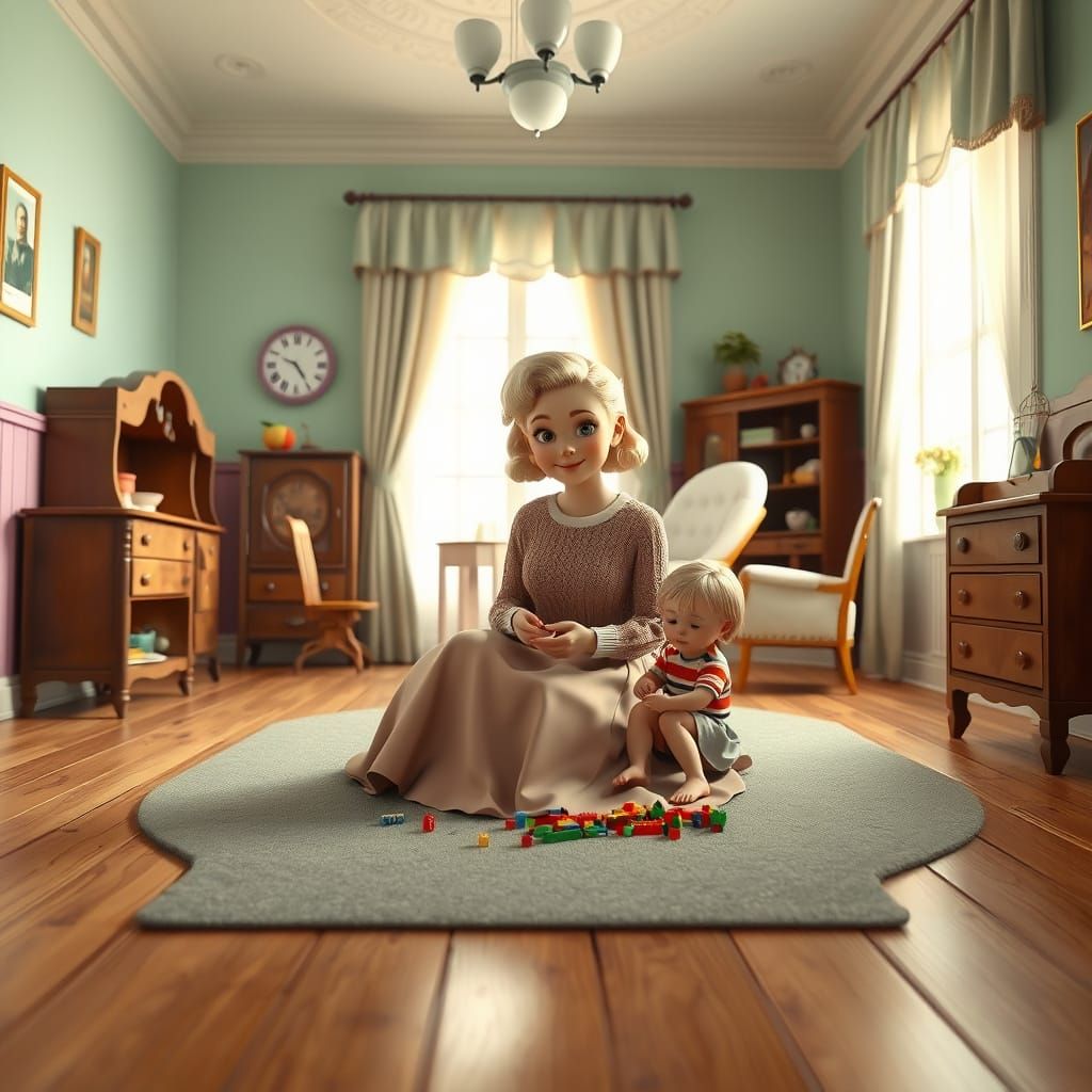 Blonde Pinup Mother Plays with Child in Nostalgic 50s Nurser...