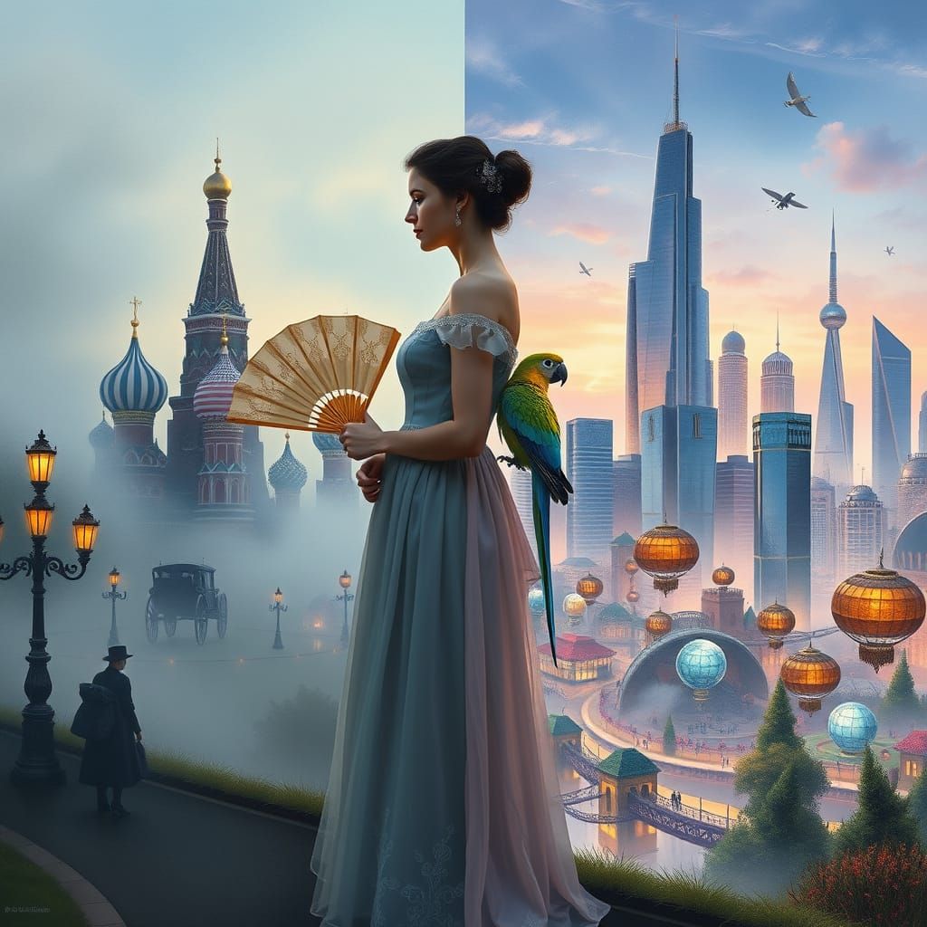Merged Worlds: Moscow Meets Prism City in Oil Painting Style