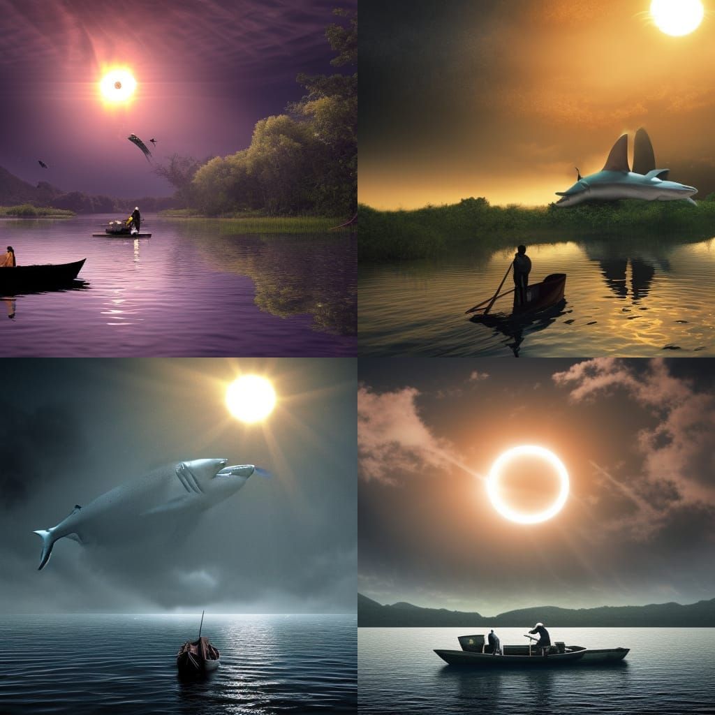 Swamp Shark Pond Fishing Boat in Solar Eclipse