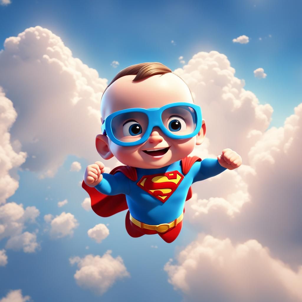 Smiling Superman Baby Flying in Cloudy Blue Sky