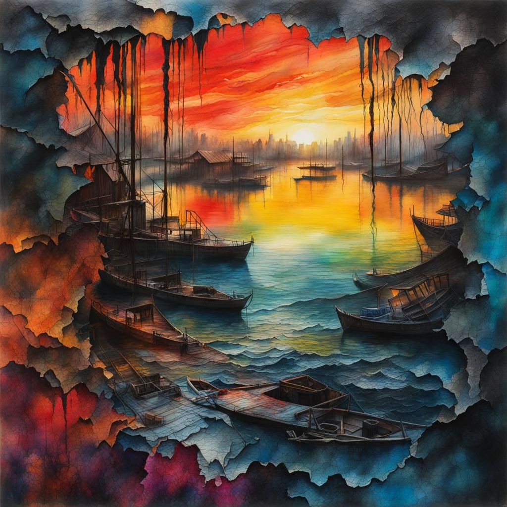Submerged Dawn: Mixed Media Collage in Watercolor Style