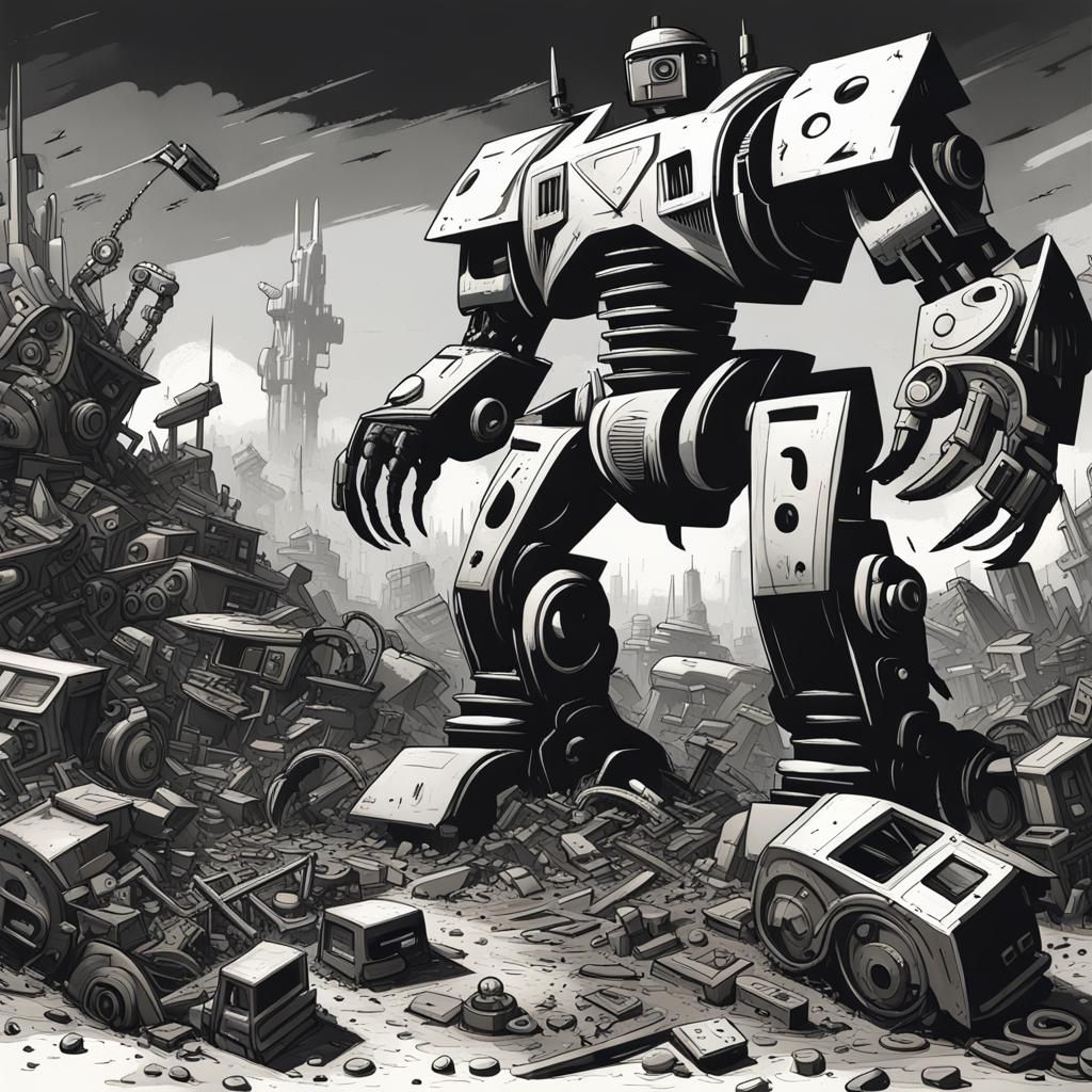 Robotic Junkyard Demigod in 1930s Cartoon Style