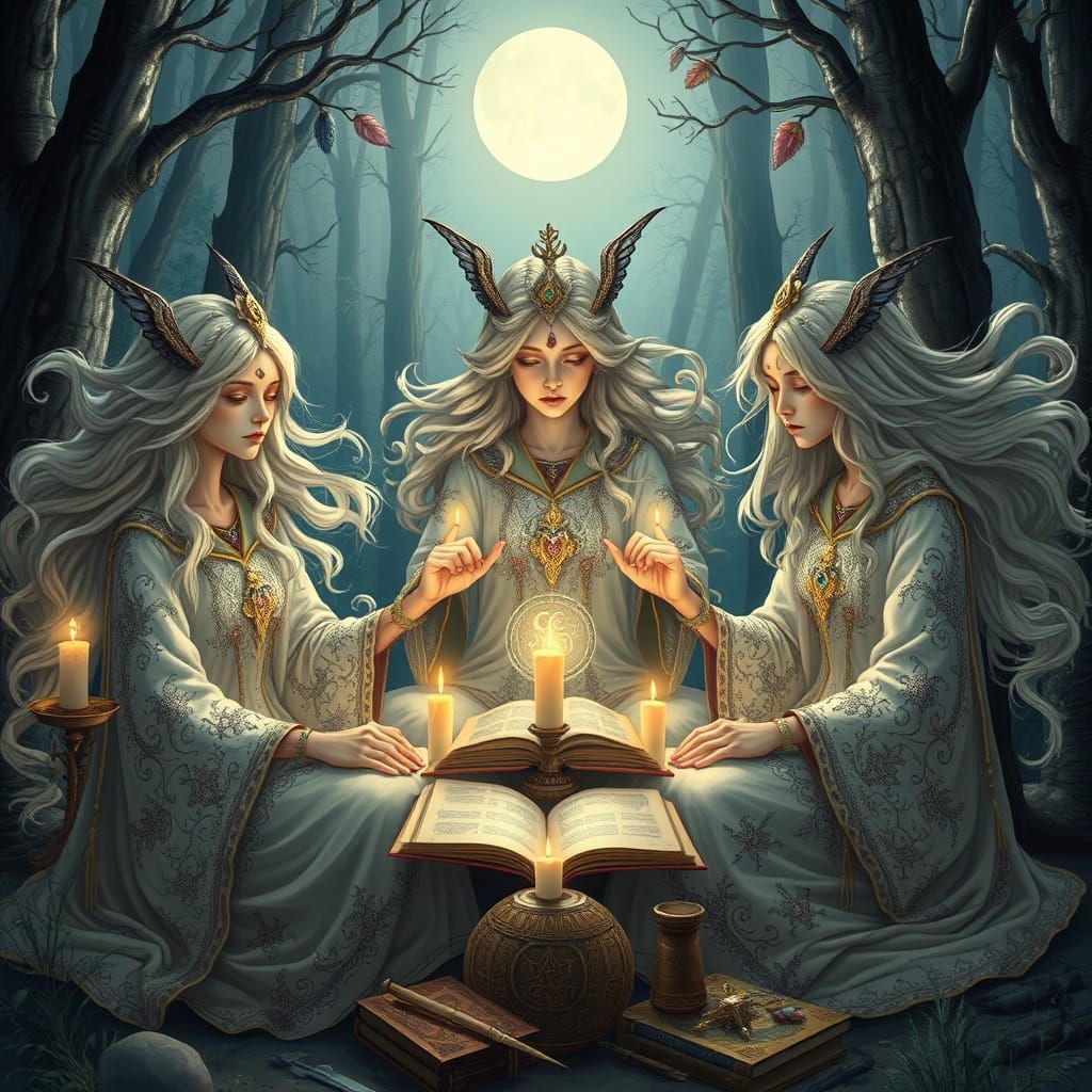 Ethereal Sisters Weave Mystical Magic Under Moonlit Forest C...