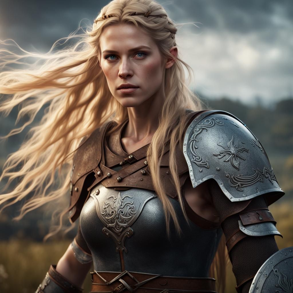 Hyperrealistic Shieldmaiden in Battlefield Action Shot