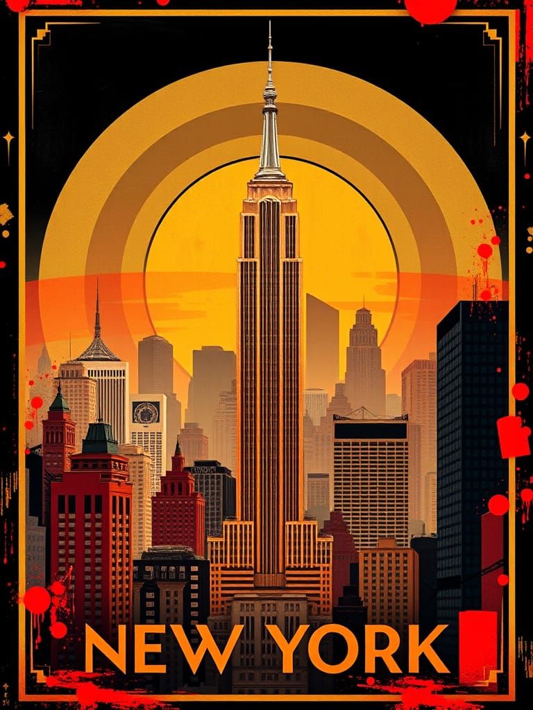 Elegant Art Deco New York City Skyline Poster in Geometric S...